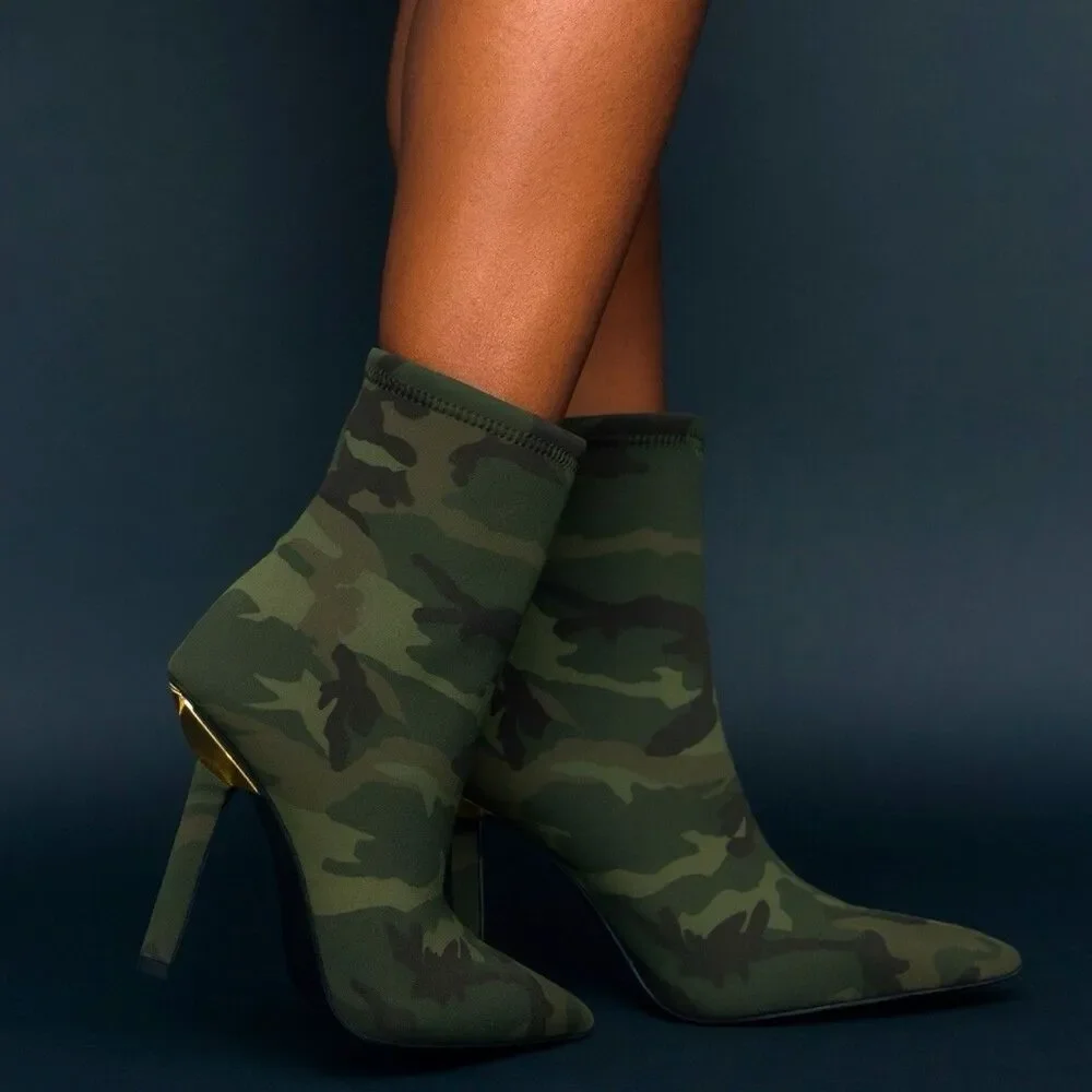 Good American Camo Ankle Boots‎ 7.5 Stretch Fit High Heel Zip